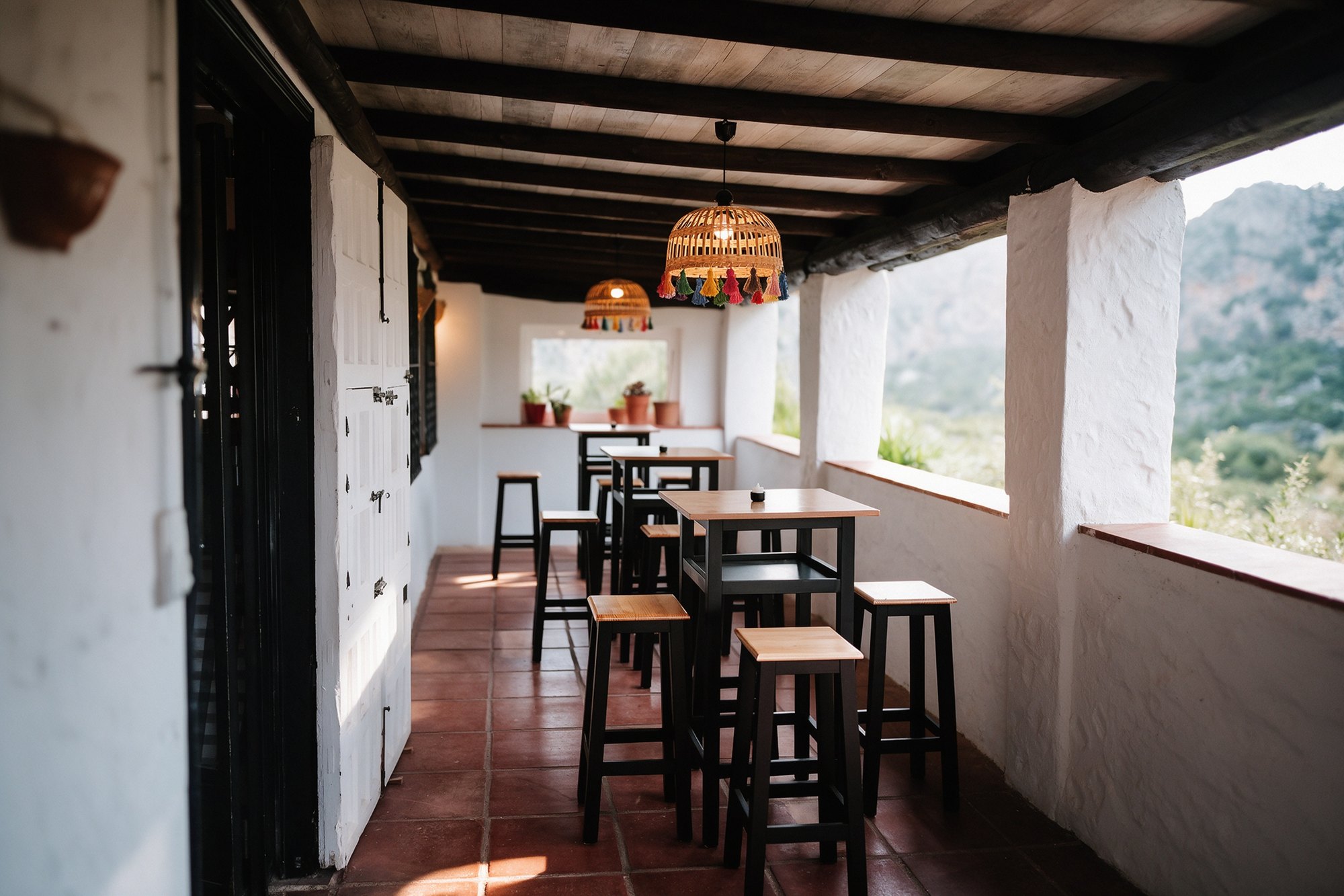 Pasillo acogedor del restaurante con mesas pequeñas, paredes blancas y lámparas