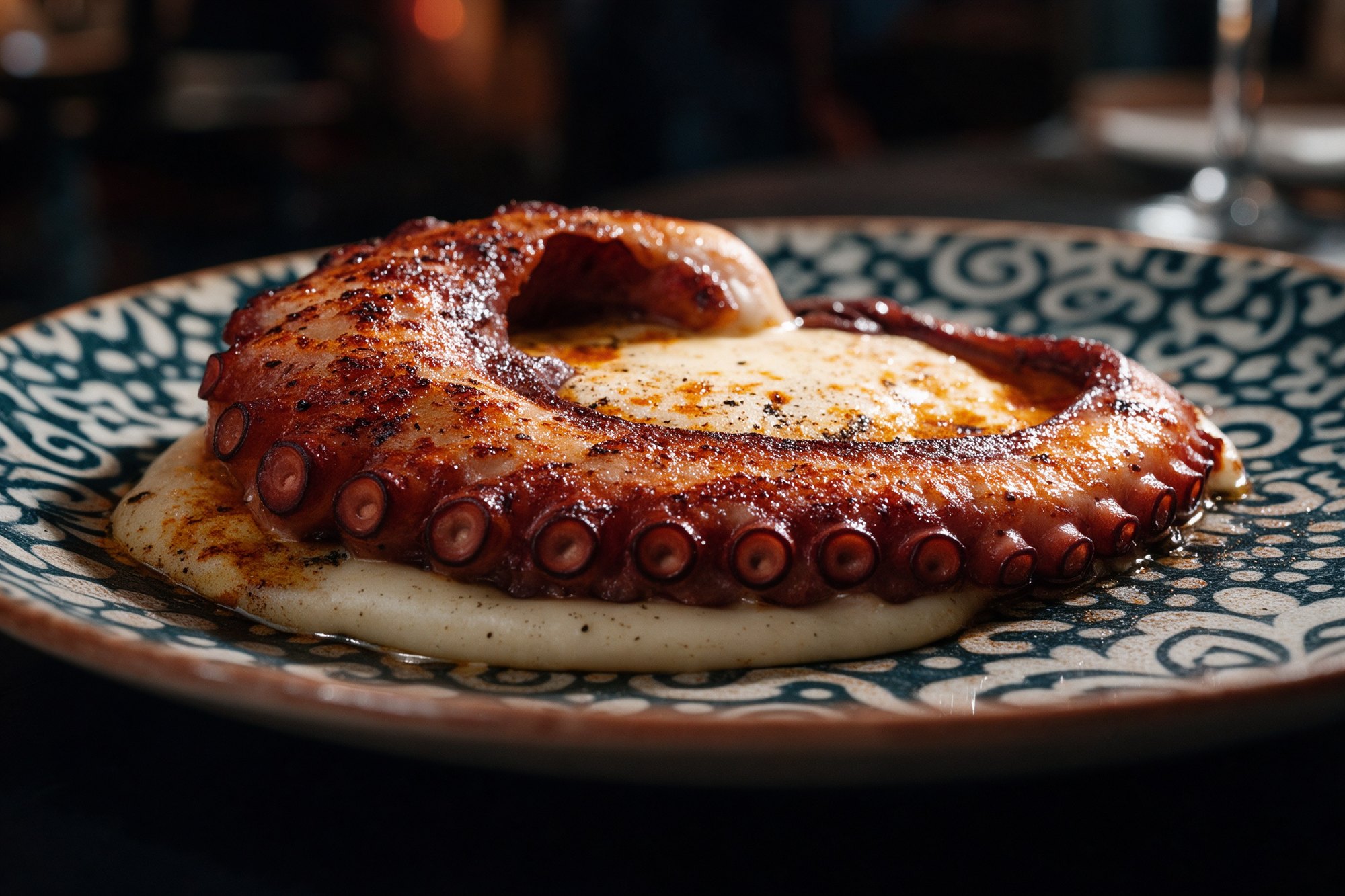 Pulpo a la gallega con pimentón en plato de cerámica estampado