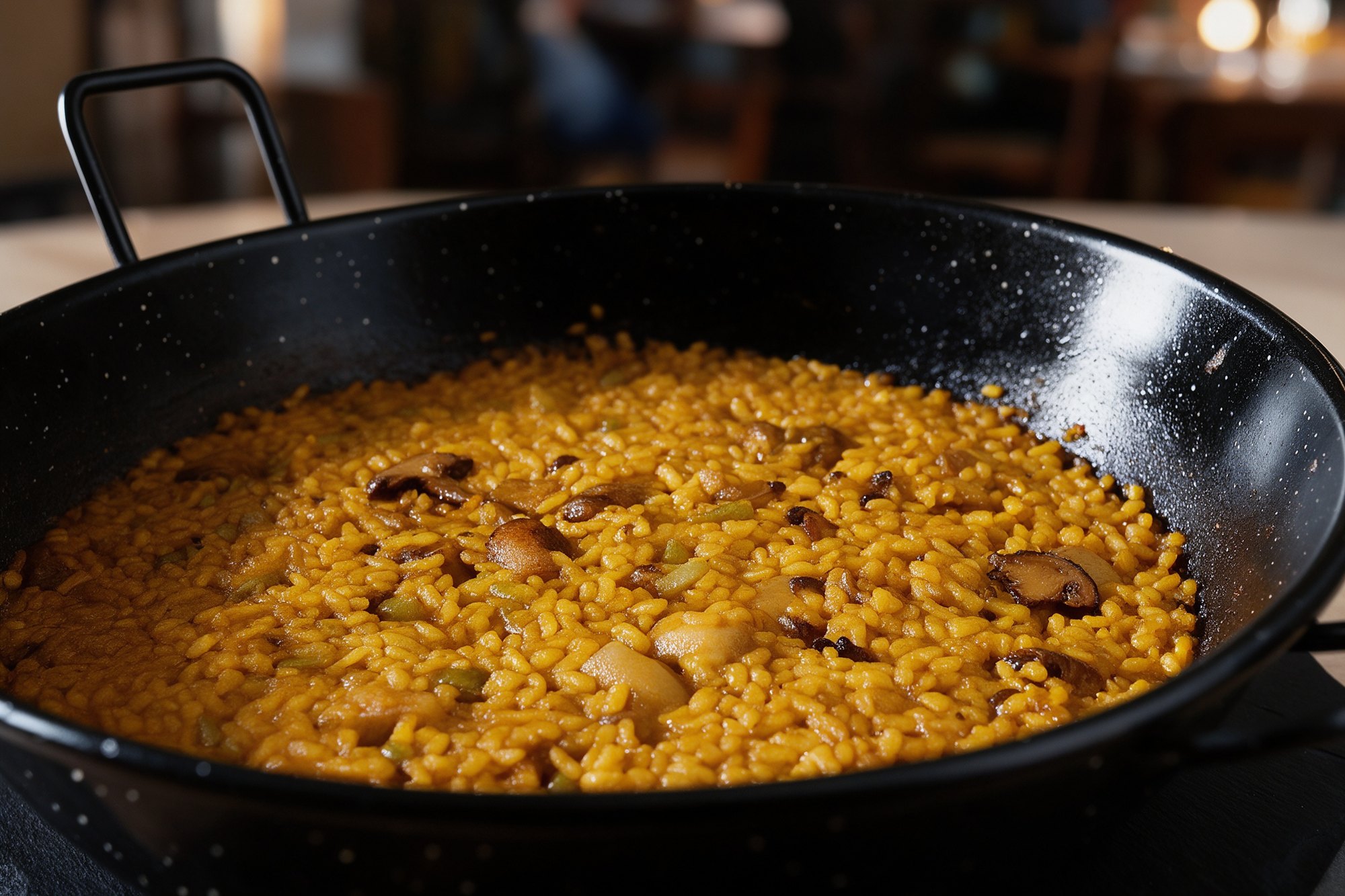 Arroz cremoso de setas en una sartén negra