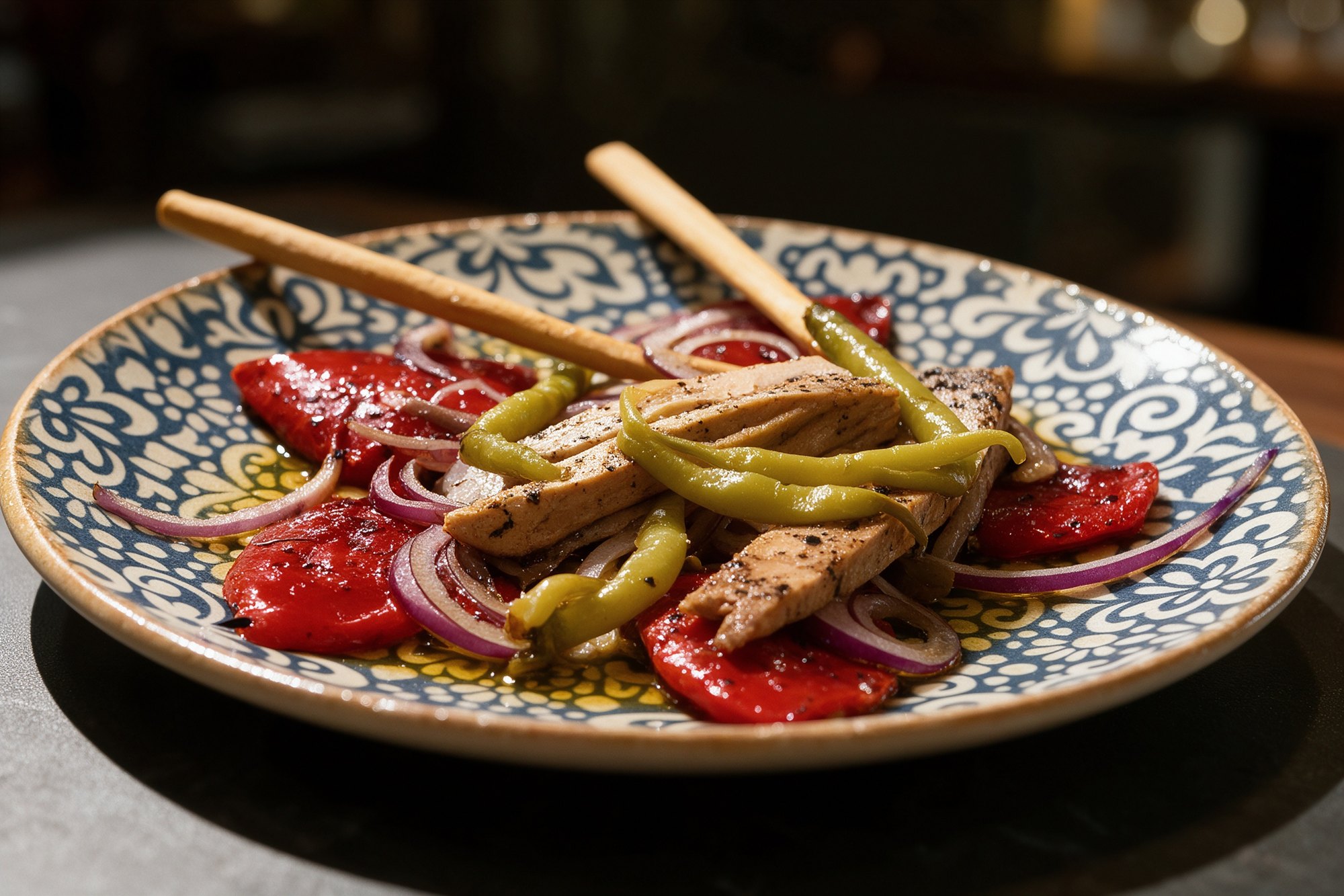 Salteado de verduras de colores en plato azul estampado